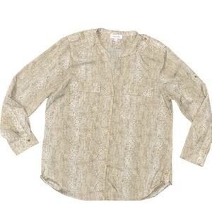 Calvin Klein Beige Button-Up Top 2XL Polyester Long Sleeve V Neck Geometric